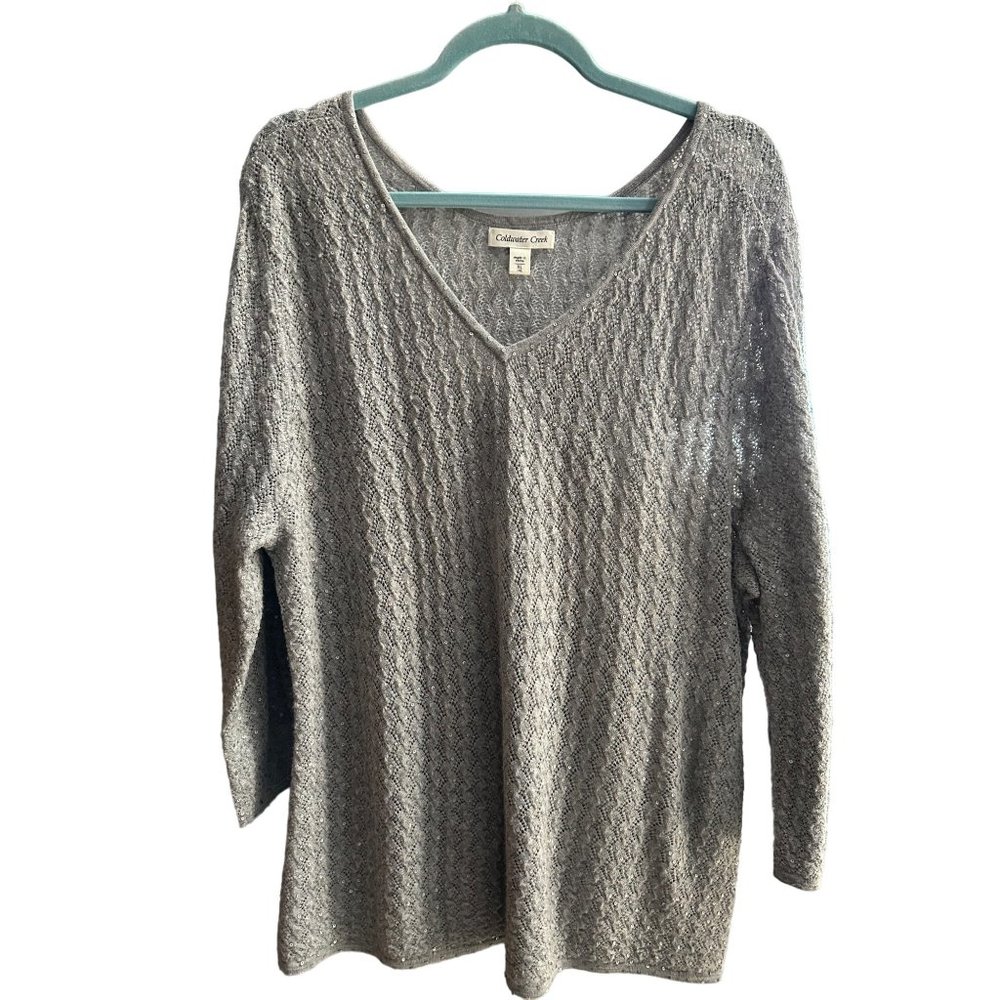 Coldwater Creek size XL gray sequined wool blend lightweight v neck sweater